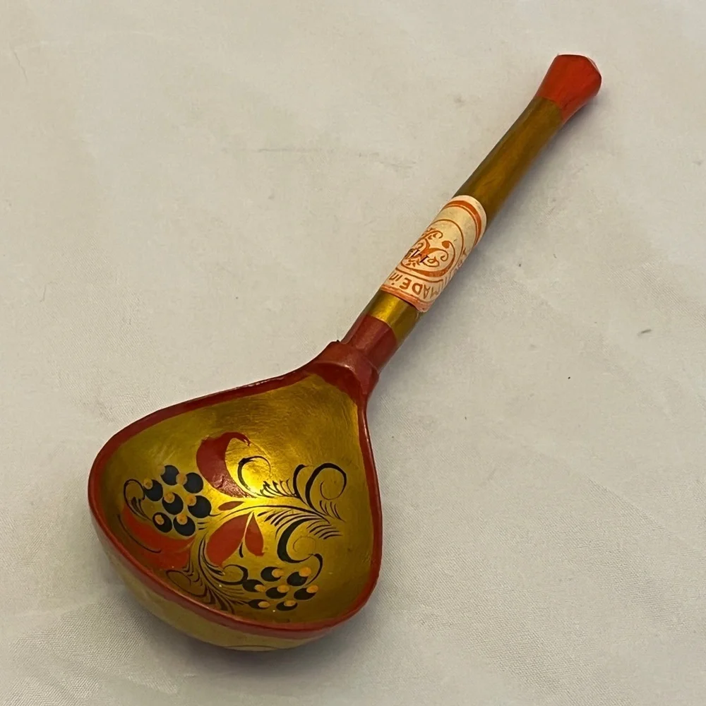 Hand Painted Wooden Khokhloma Spoon, Made in USSR, Vintage EUC